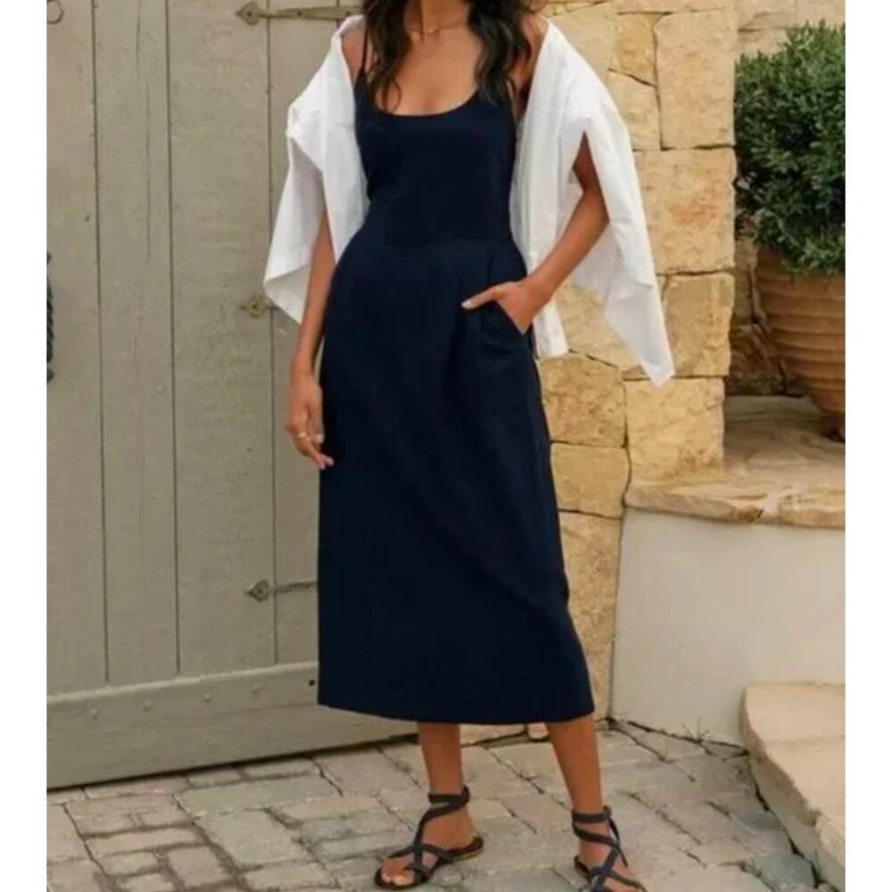 Jenni Kayne S Rove Dress $495 Raw Silk Midi Fitted Bodice Pencil Skirt Navy Blue - Picture 2 of 12